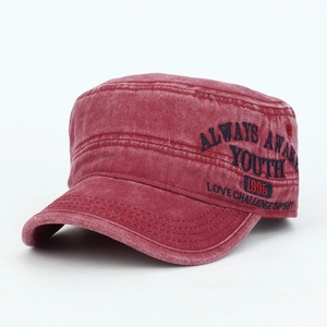 Vintage washed cotton cadet cap in burgundy with lateral letter embroidery detail
