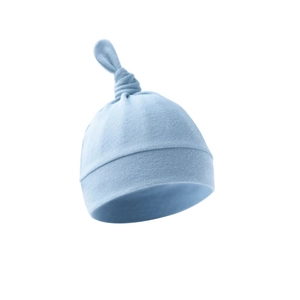 Close-up of a soft light blue newborn knotted beanie made from premium cotton fabric