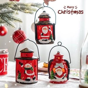 Festive red Christmas lanterns with hand-painted Santa and tree, LED glowing ornaments