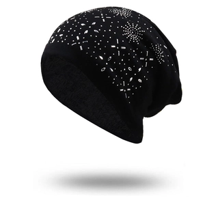 Rhinestone Knitted Beanie Hat Fleece Lined Winter Warm Slouchy Skull Cap For Outdoor Fashion Geometric Pattern Women Men