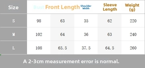 Detailed size chart for striped puff sleeve shirt with chest and length measurements