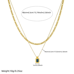Double-layered gold-plated stainless steel necklace with a blue square pendant set