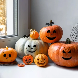 Halloween pumpkin stickers and decorations with spooky faces and bats on window sill