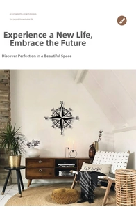 Detailed view of black metal compass wall decor featuring laser-cut geometric patterns