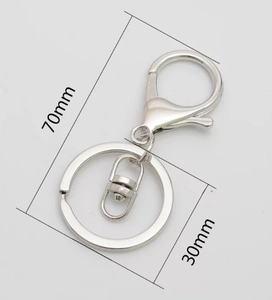 Silver metal keychain lobster clasp with 70mm length and 30mm ring size dimensions