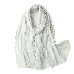 Mint green hollow stripe cotton-linen feel long scarf with elegant frayed edge trim