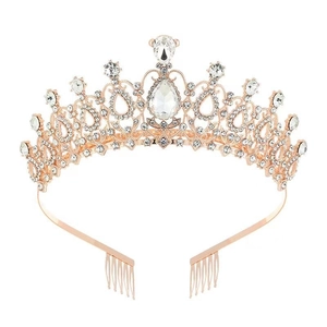 Luxury rose gold bridal crown featuring white rhinestones and teardrop crystals