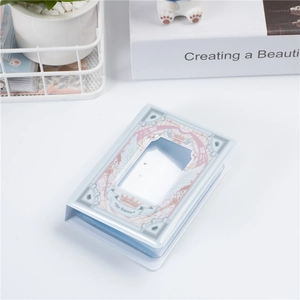 Macro view of blue 3-inch mini photo album with crown design and clear cover window