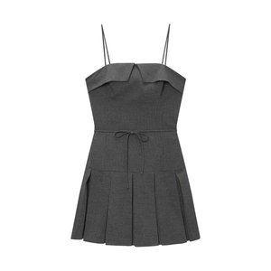 Robe Mini À Rayures Fines Bretelles Sans Manches Ourlet Plissé Taille Nouée Chic Été Gris Foncé Polyester