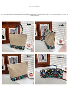 Detailed four-view collage of a large canvas tote bag with colorful ethnic geometric patterns