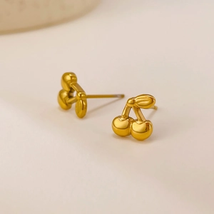Elegant polished golden cherry stud earrings in a minimalist stainless steel design
