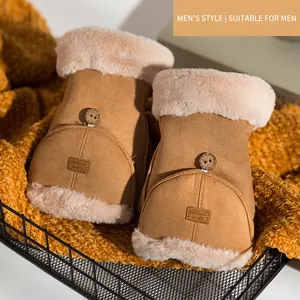 Men's winter camel suede gloves with warm fleece lining and stylish button detail
