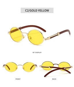 Three views of vintage round sunglasses with gold metal frame and yellow transparent lens