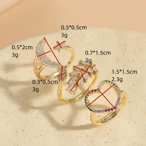 Three 14K gold plated rings featuring celestial moon star motifs and zircon stones