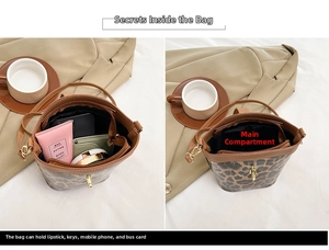 Internal capacity of leopard print bucket bag showing gold twist lock and brown leather trim