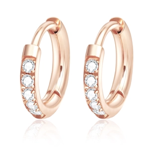 Close-up of rose gold hinged hoop earrings with a row of sparkling cubic zirconia