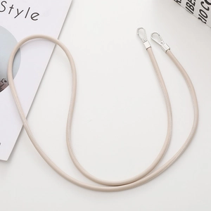 Detail of cream leather phone strap with silver lobster clasps and fine stitching finish