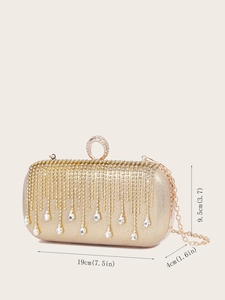 Detail view of a gold rhinestone evening clutch bag with precise dimensions 19cm x 9.5cm x 4cm