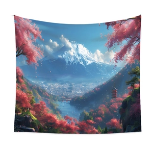 Close-up of Mount Fuji tapestry featuring red maple leaves and pagoda landscape