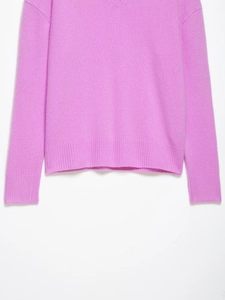 Detailed close-up of pink knit sweater featuring soft texture and ribbed cuffs and hem