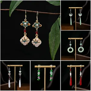 New Chinese Style Dangle Drop Earrings Faux Jade Beaded Tassel Retro Ethnic Jewelry Accessories For Women