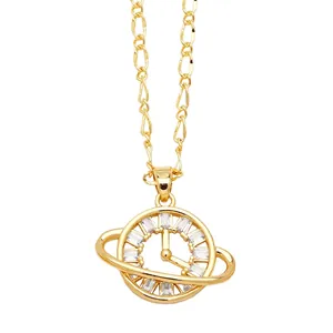 Creative gold planet clock pendant necklace with square zircons and Figaro chain