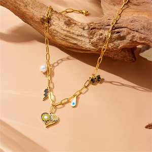 Golden stainless steel chain necklace with colorful heart, bow, and lightning charms