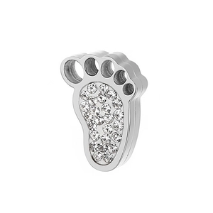 Polished silver stainless steel paw pendant with sparkling rhinestones on white backdrop