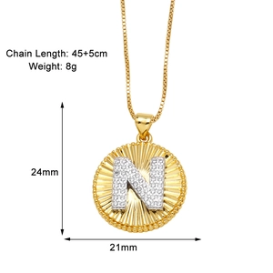Detailed size specifications for gold letter N necklace with crystal inlay on round pendant