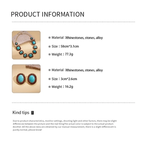 Detailed chart showing bohemian alloy necklace and earrings size, weight, and materials