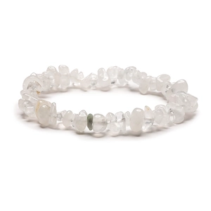 Detail of white quartz and agate bead bracelet with a green stone accent on white backdrop