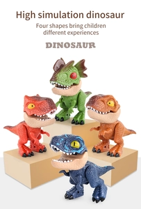 Close-up of four colorful miniature dinosaur toys with realistic skin textures and colors