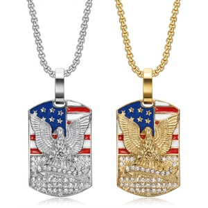 Hip hop titanium steel necklace featuring gold and silver eagle flag pendants with rhinestones