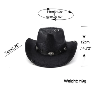 Detailed dimensions of black suede cowboy hat featuring vintage silver buckle and studs