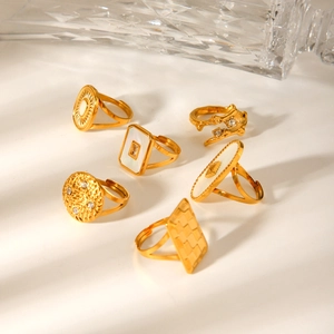 6-piece gold 18k plated stainless steel ring set with geometric shell and crystal details