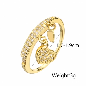 Detailed close-up of gold double heart charm ring with dimensions 1.7-1.9cm and 3g weight