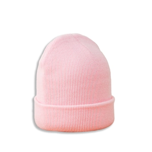 Close-up of the light pink ribbed knit beanie showing fine texture and folded cuff detail