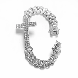 Hip hop silver Cuban link bracelet with iced out cross pendant and sparkling rhinestones