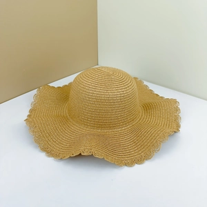 DIY beige wide brim woven straw sun hat for beach and summer sun protection