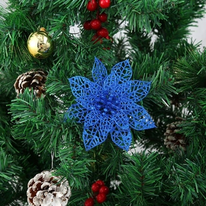 Blue glitter artificial Christmas flower decoration for tree DIY festive ornaments