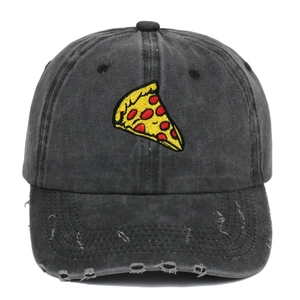 Vintage washed dark grey baseball cap with pizza embroidery and distressed brim detail