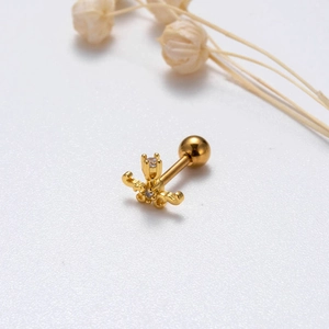 Macro detail of gold crown stud earring with zircon and secure screw ball backing