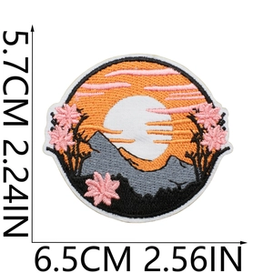 Embroidered sun and landscape patch for clothing with detailed dimensions of 6.5x5.7cm