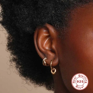 Minimalist S925 sterling silver gold hoop earrings with turquoise and double-row zircon