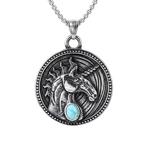 Vintage silver unicorn pendant necklace with turquoise stone and stainless steel chain