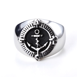 Vintage stainless steel anchor compass nautical ring for men in silver and black finish