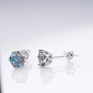 Macro shot of S925 sterling silver six-prong stud earrings with colorful moissanite stones