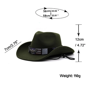 Dark green wool cowboy hat detailed size chart showing 7cm brim and 56-58cm head girth
