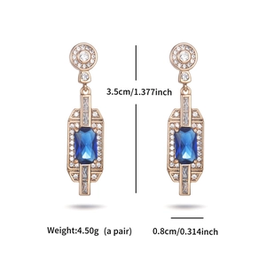 Detail showing blue geometric earrings dimensions 3.5cm height and 0.8cm width macro view