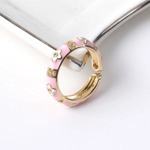 18K gold plated adjustable ring with pink floral enamel and sparkling zirconia accents